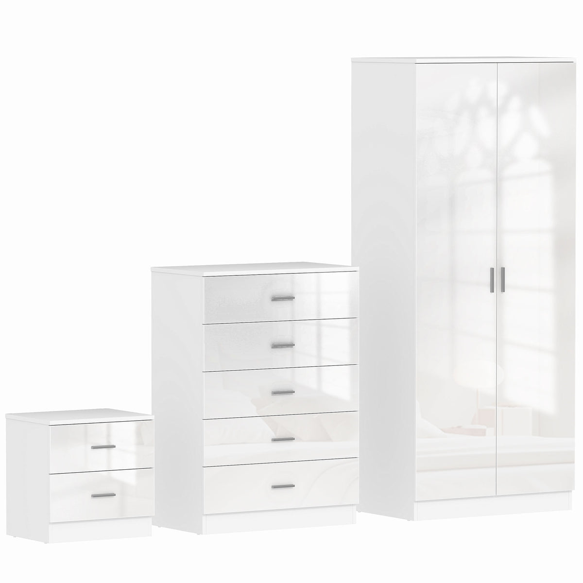 Kozy High Gloss 3 Piece Trio Bedroom Furniture Set Wardrobe + Chest Of Drawer + Bedside White