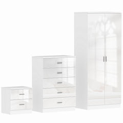 Kozy High Gloss 3 Piece Trio Bedroom Furniture Set Wardrobe + Chest Of Drawer + Bedside White