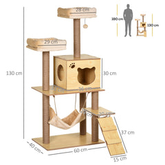 PawHut Cat Tree, 130cm Cat Tree for Indoor, Multi-Level Plush Cat Climbing Tower w/ Scratching Posts, Cat Condo for Large Cat, Yellow | Aosom UK