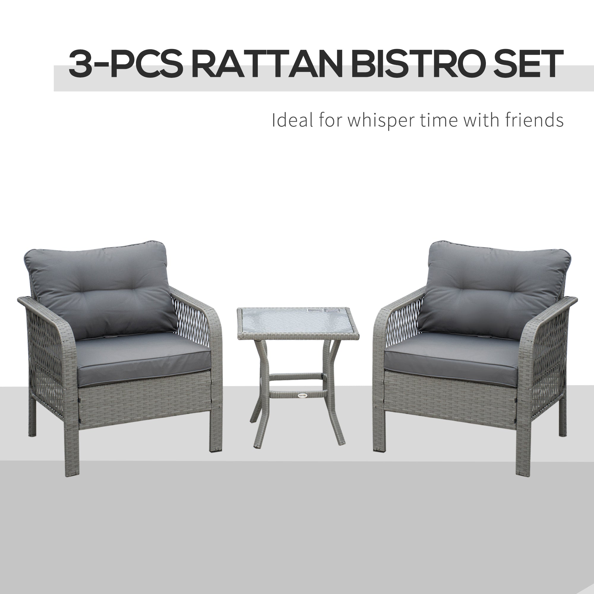 Kozy 3 Pieces Rattan Bistro Set with Glass Top Coffee Table, Chairs and Cushions for Outdoor, Patio, Balcony, Grey