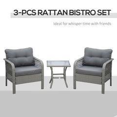 Kozy 3 Pieces Rattan Bistro Set with Glass Top Coffee Table, Chairs and Cushions for Outdoor, Patio, Balcony, Grey