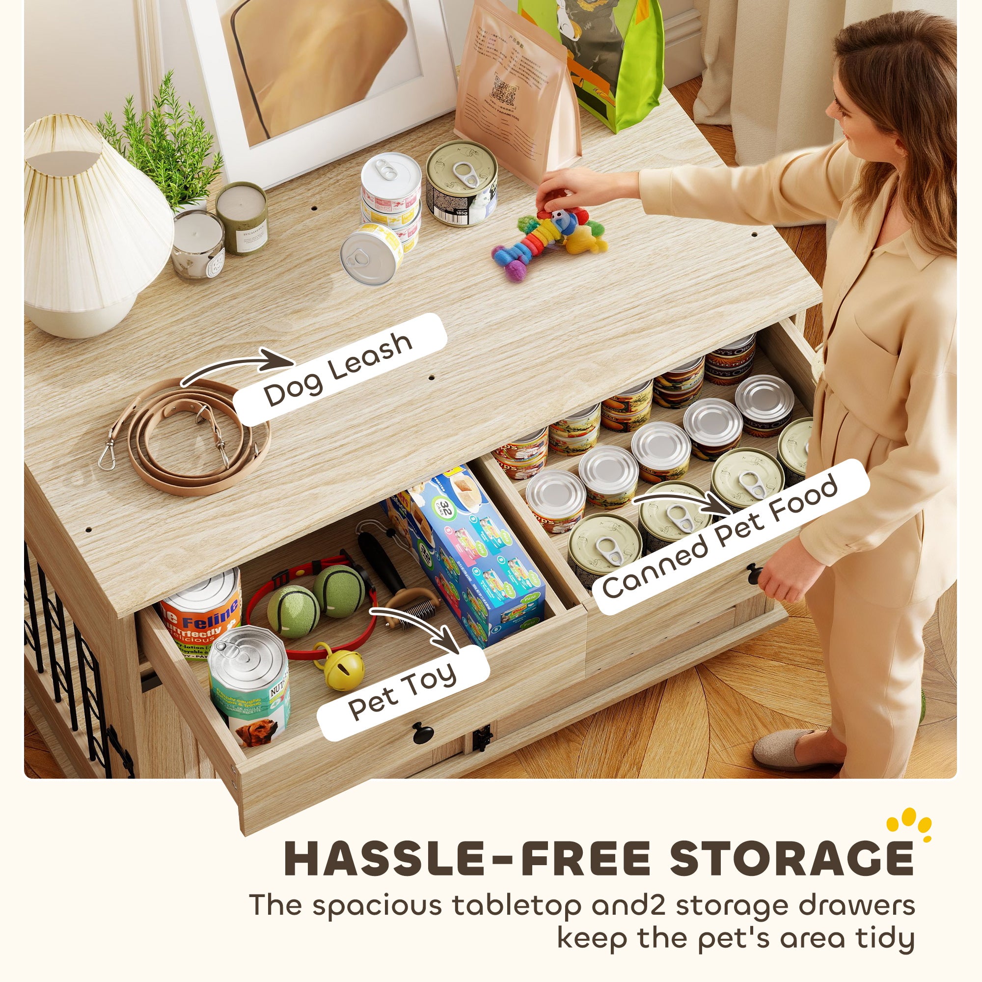 Kozy Dog Crate Furniture on Wheels, Dog Cage with 2 Drawers, Sliding Door, for Medium Large Dogs, Oak Tone