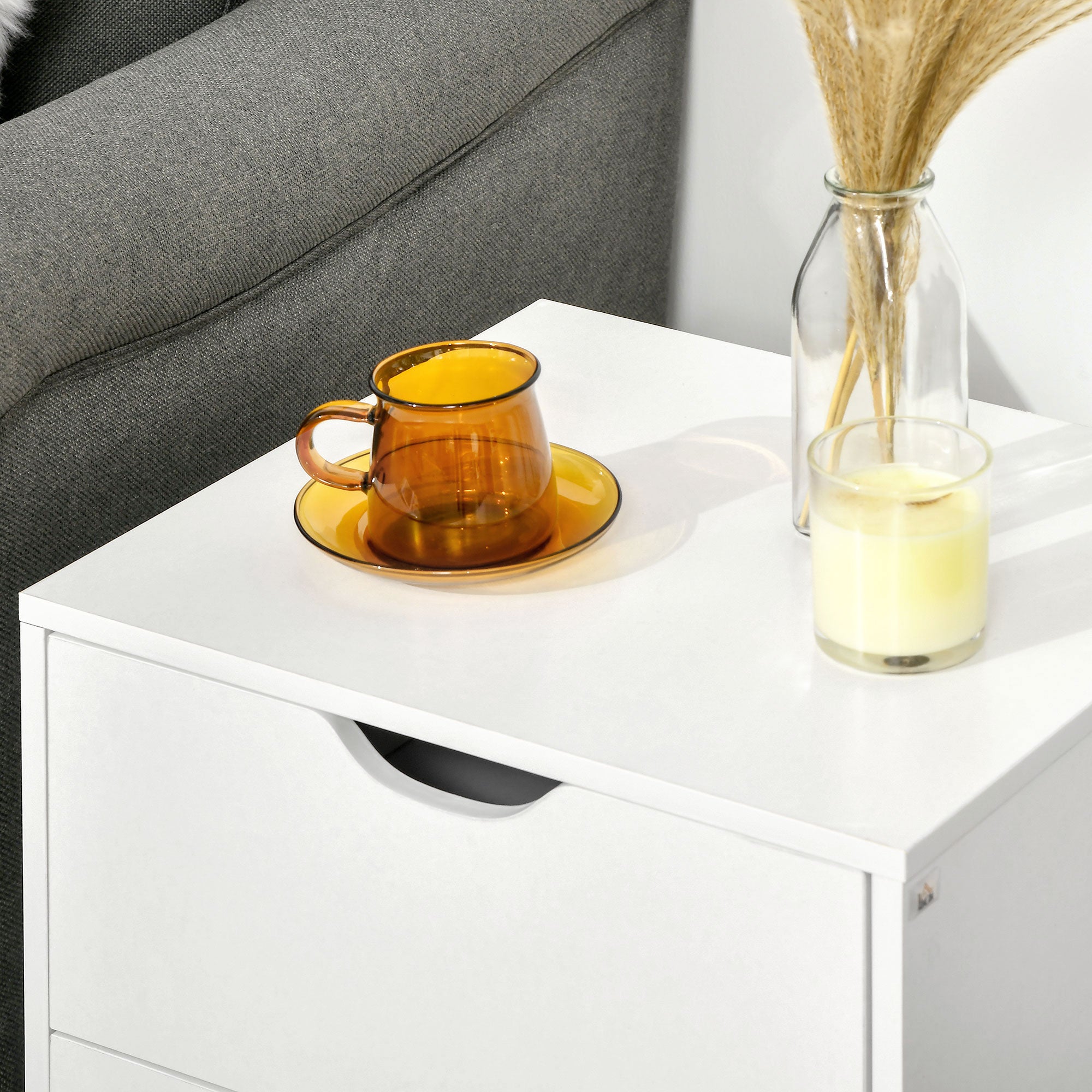 Kozy Bedside Table, Bedside Cabinet with 2 Drawers, Side End Table with Pine Wood Legs for Bedroom Living Room, White