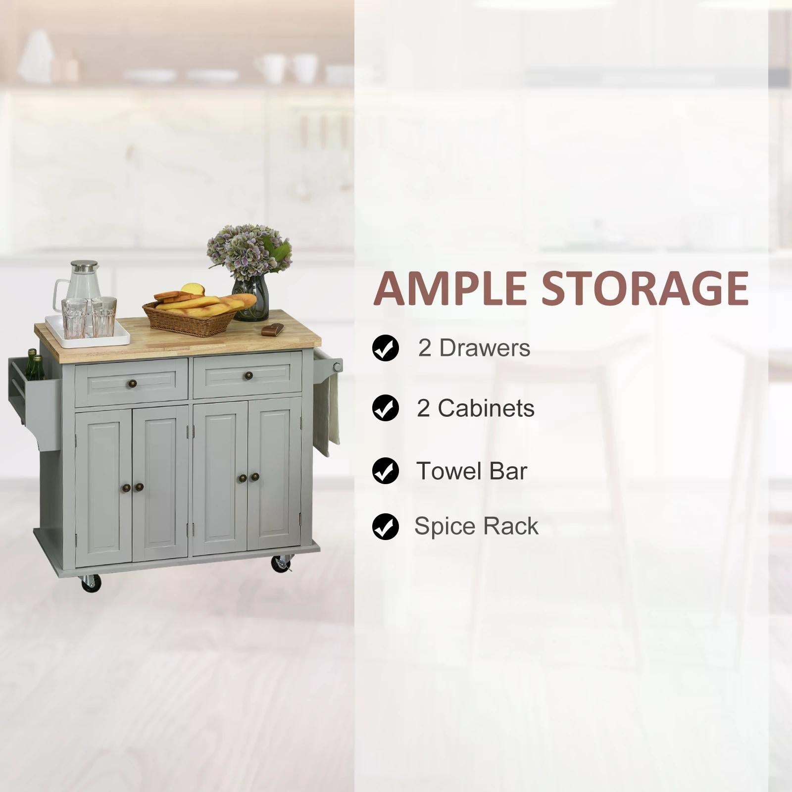 HOMCOM Rolling Kitchen Island Storage Trolley with Rubber Wood Top & Drawers for Dining Room, Grey | Aosom UK