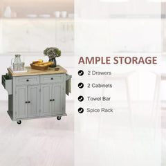 HOMCOM Rolling Kitchen Island Storage Trolley with Rubber Wood Top & Drawers for Dining Room, Grey | Aosom UK