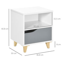 Kozy Modern Bedside Table, Side End Table with Shelf, Drawer and Wood Legs, 36.8cmx33cmx43.8cm, White and Grey