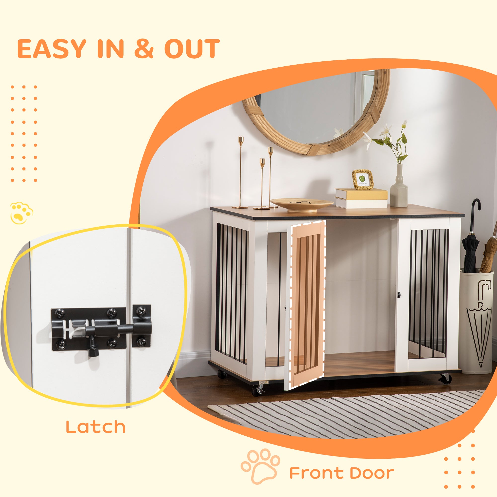 Kozy Dog Crate Furniture, Dog Cage End Table, with Wheels, for Large Dogs, 106 x 60 x 82 cm  - White