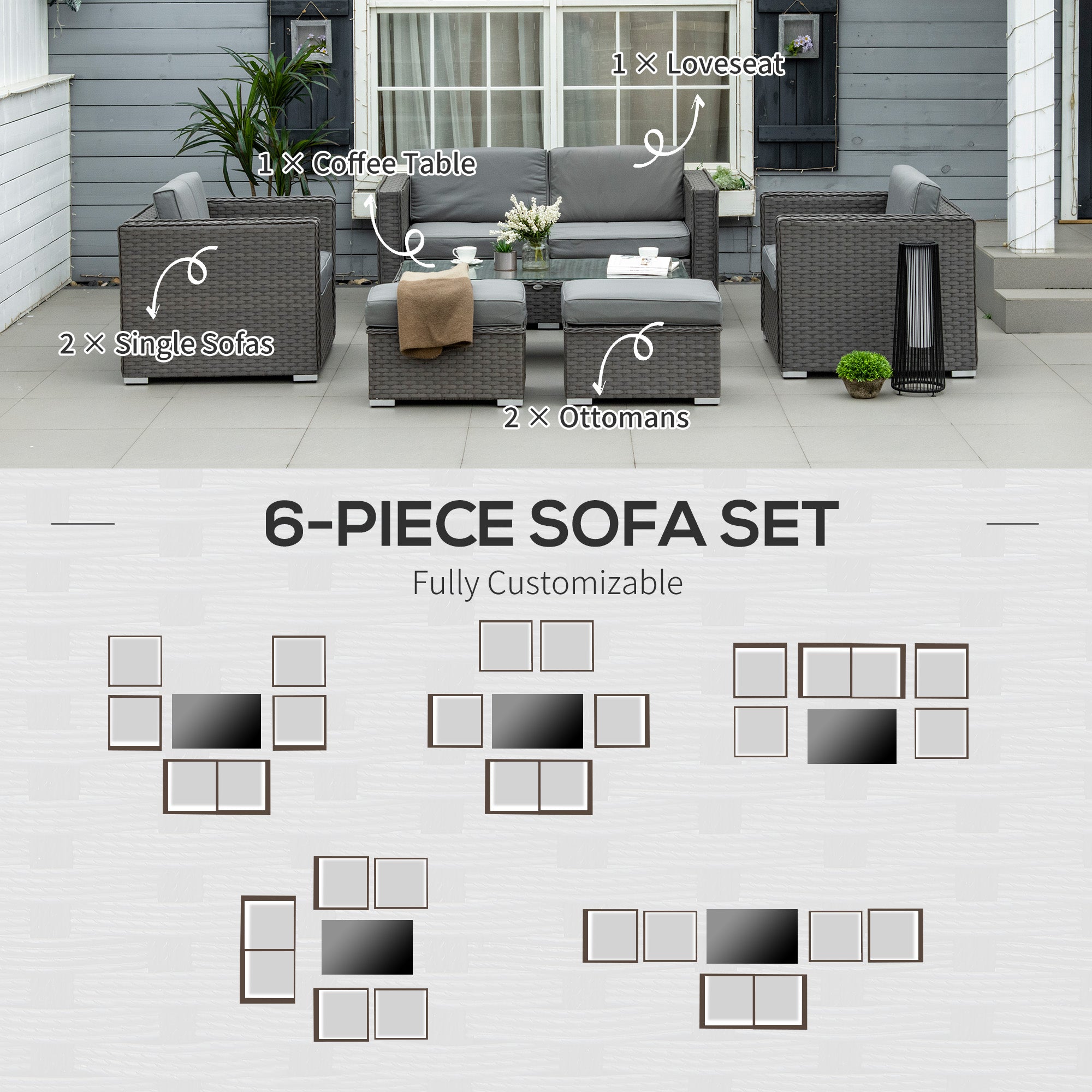 Kozy 6PC Garden Rattan Sofa Set Bonzer Outdoor Furniture Patio Table Loveseat Stool Lounging Ottoman Aluminium Frame Wicker Weave Conservatory Grey
