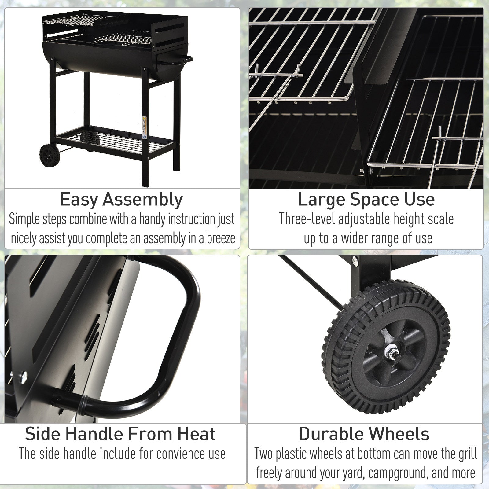 Outsunny Charcoal Barbecue Grill Garden BBQ Trolley w/ Dual Grill, Adjustable Grill Nets, Heat