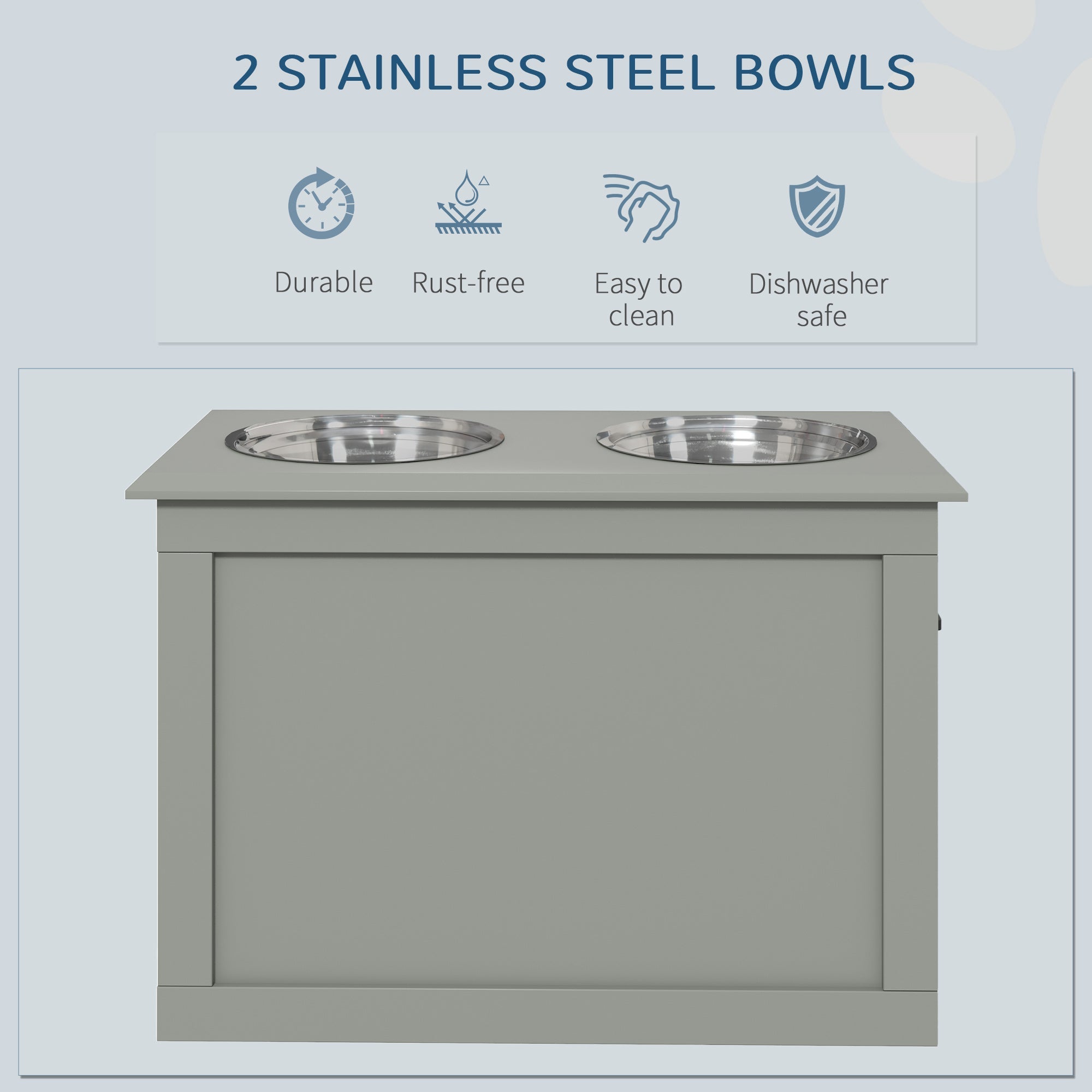 PawHut Elevated Dog Bowls, Pet Feeding Station with Storage, Dual Stainless Steel Bowls, for Large Dogs, Grey | Aosom UK