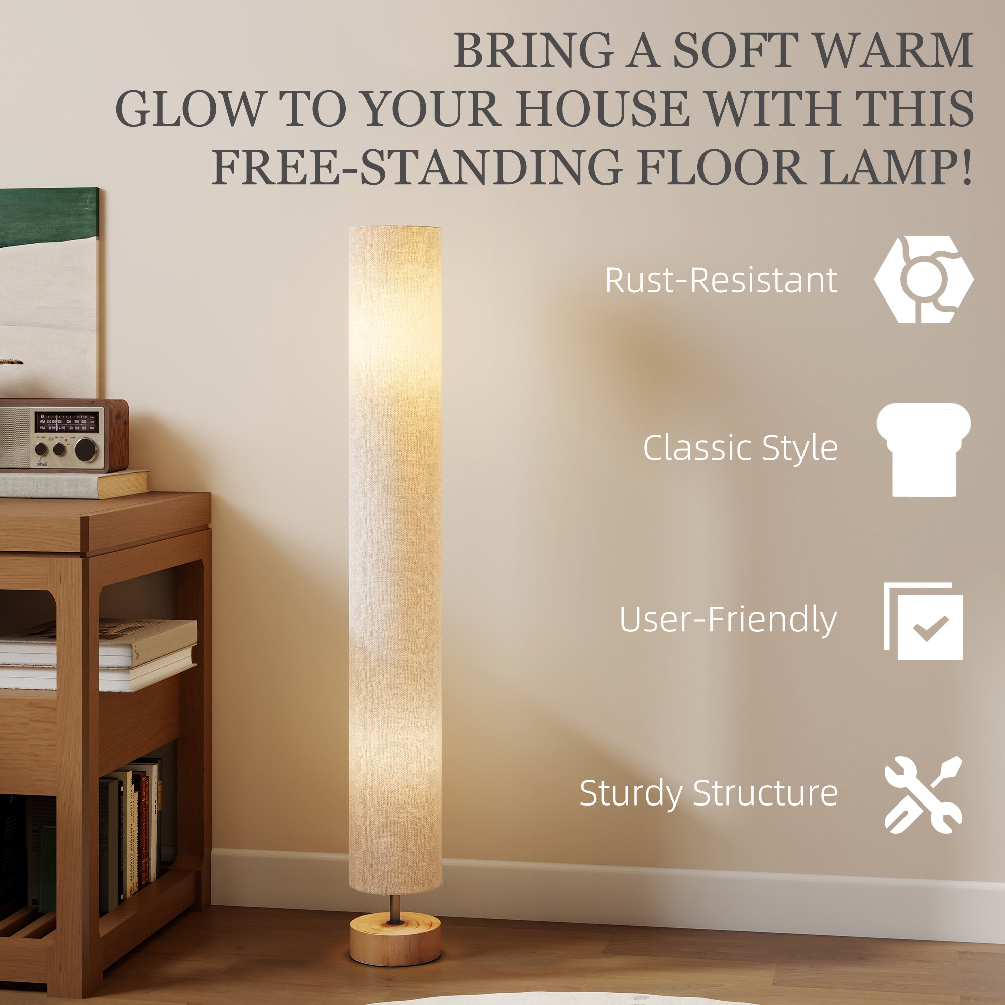 Kozy - LED Floor Lamp for Living Room, 120cm Modern Standing Lamp with 3000K/4500K/6500K Colour Temperatures, Linen Shade and Wooden Base, Grey