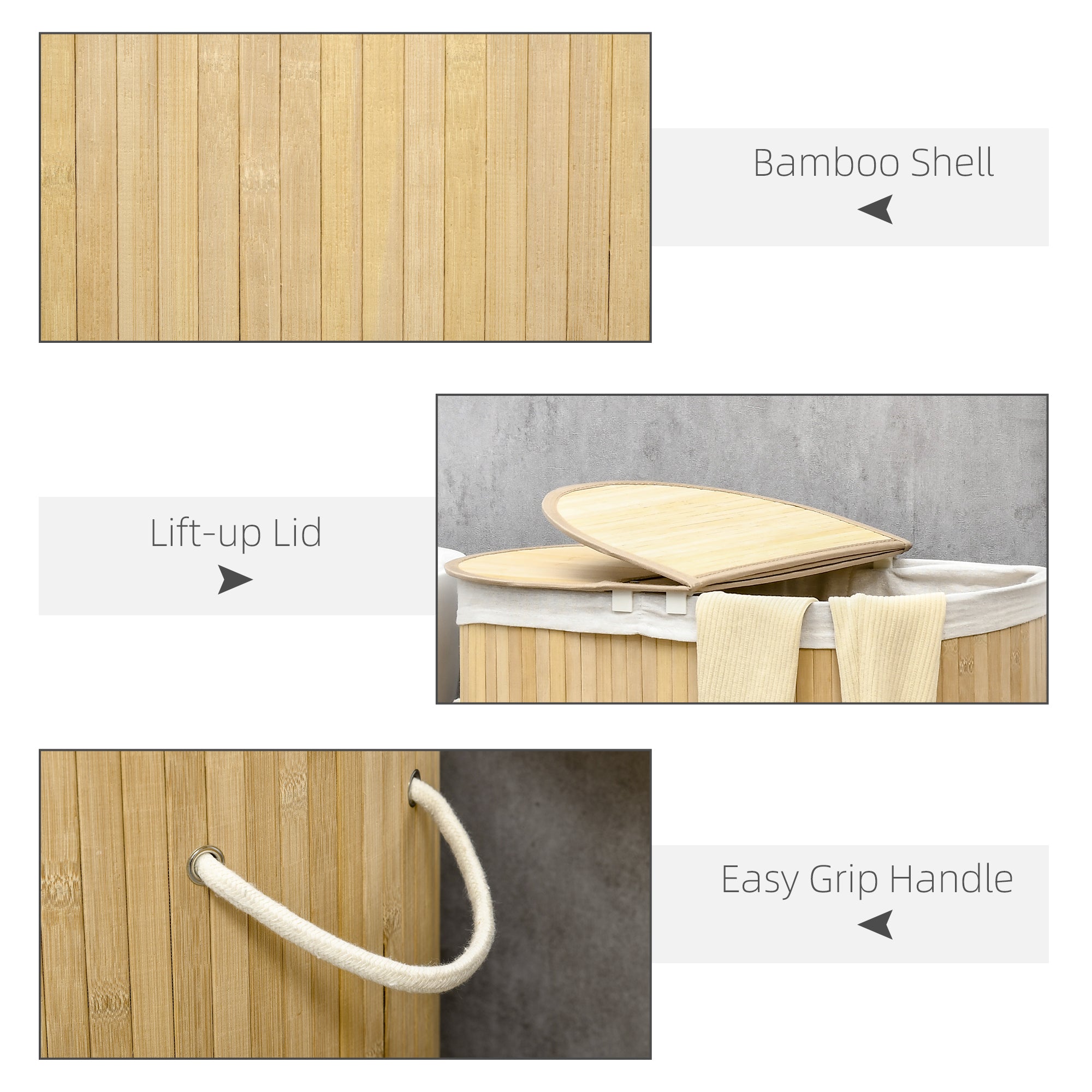 Bamboo Laundry Basket with Lid, 100 Litres Laundry Hamper with 2 Sections, Removable Washable Lining, Washing Baskets, 62.5 x 37 x 60.5cm, Natural