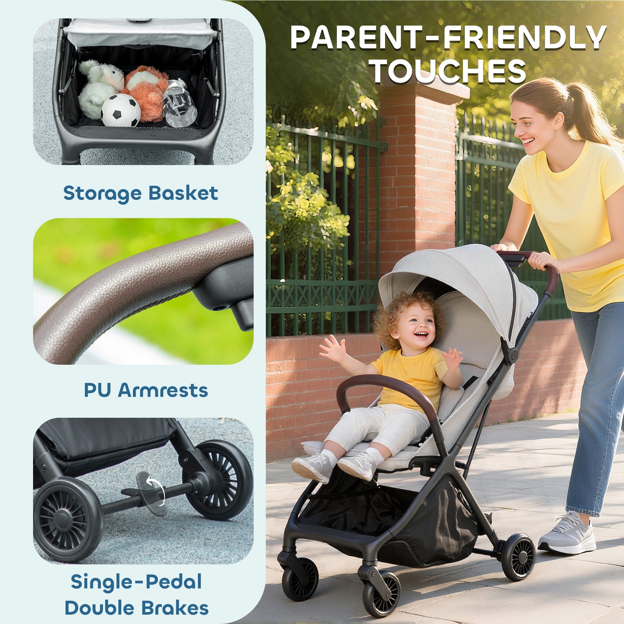AIYAPLAY Foldable Baby Stroller with Adjustable Seat, 5-Point Harness, Canopy, Basket, 6.3kg Lightweight & Compact, Light Grey