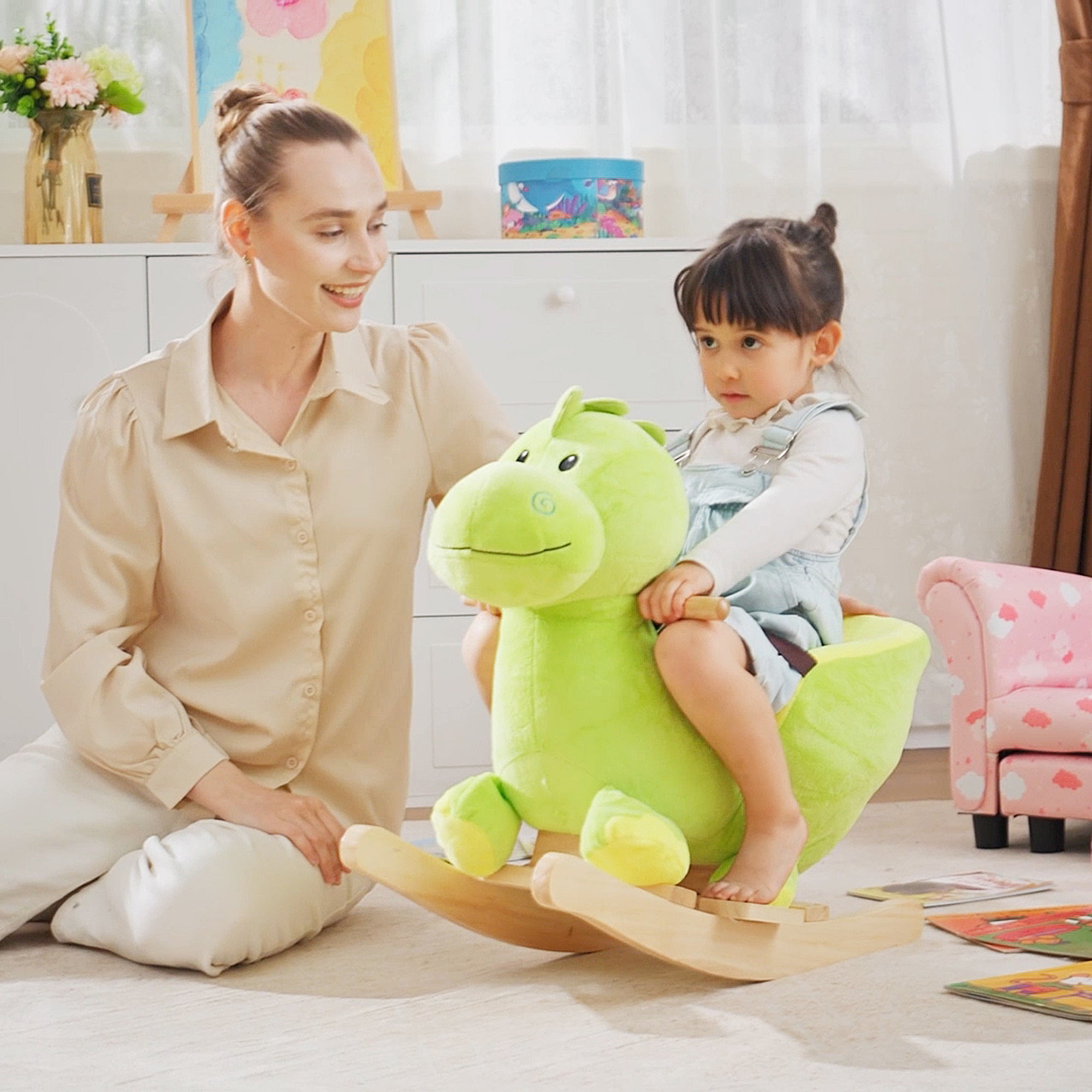 Kozy Kids Rocking Horse, Plush Ride-On Dinosaur Seat, with Seat Safety Belt, 32 Songs, Ride-On Horse