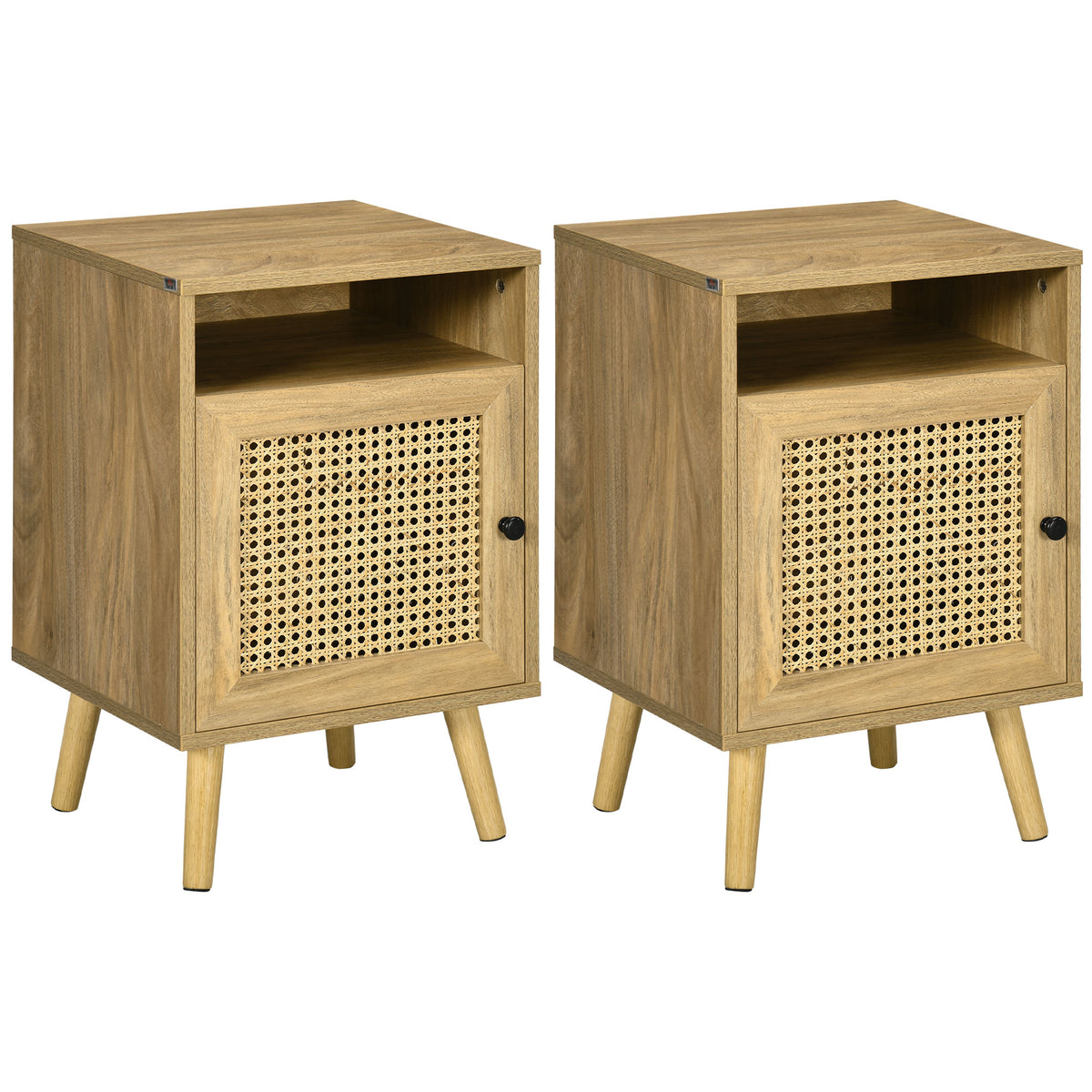 Kozy Bedside Table with Rattan Element, Side End Table with Shelf and Cupboard, 39cmx35cmx60cm, Set of 2, Natural