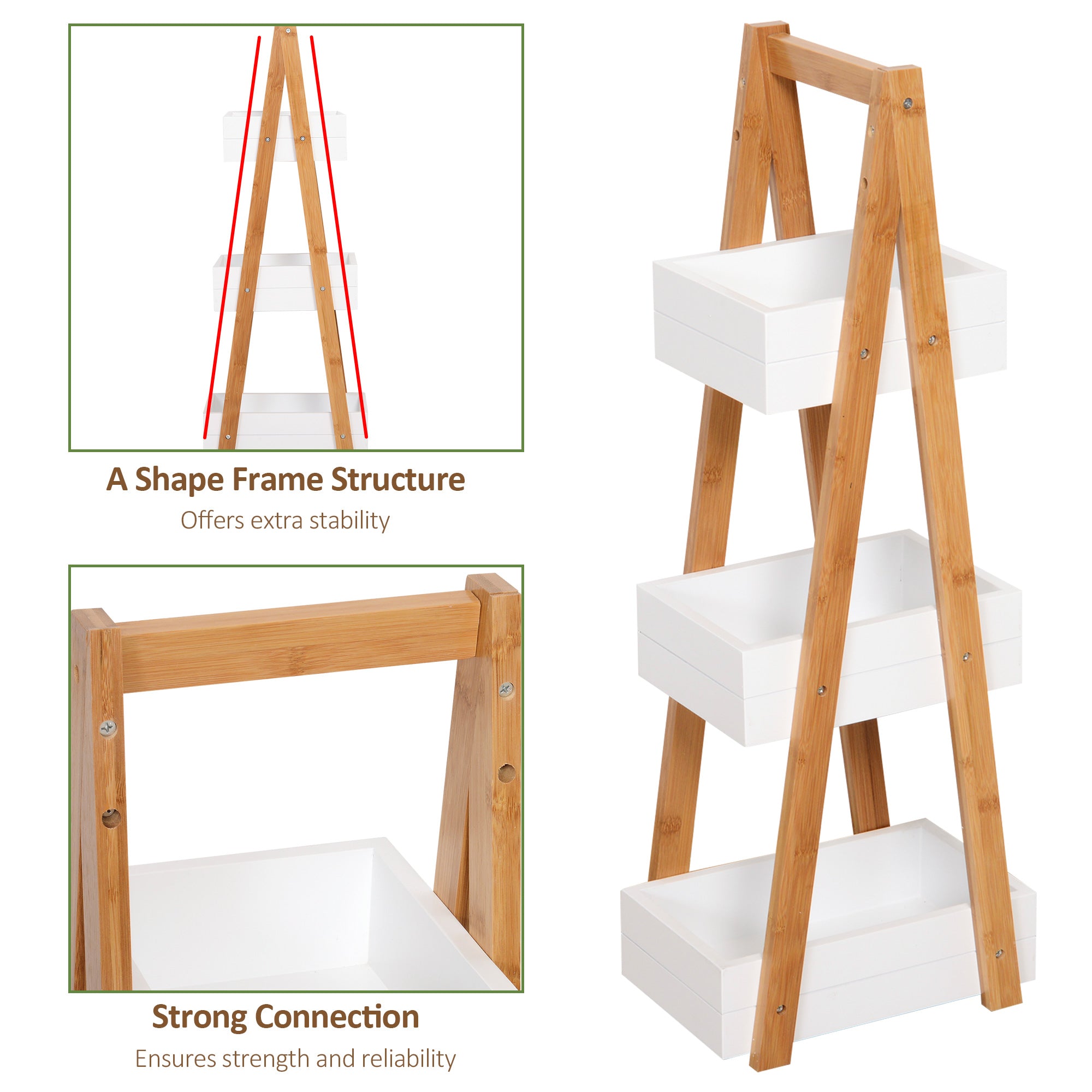 HOMCOM Freestanding 3 Tier A Frame Shower Caddy, Bathroom Storage Rack Shelf Organiser, Water-Resistant, White | Aosom UK