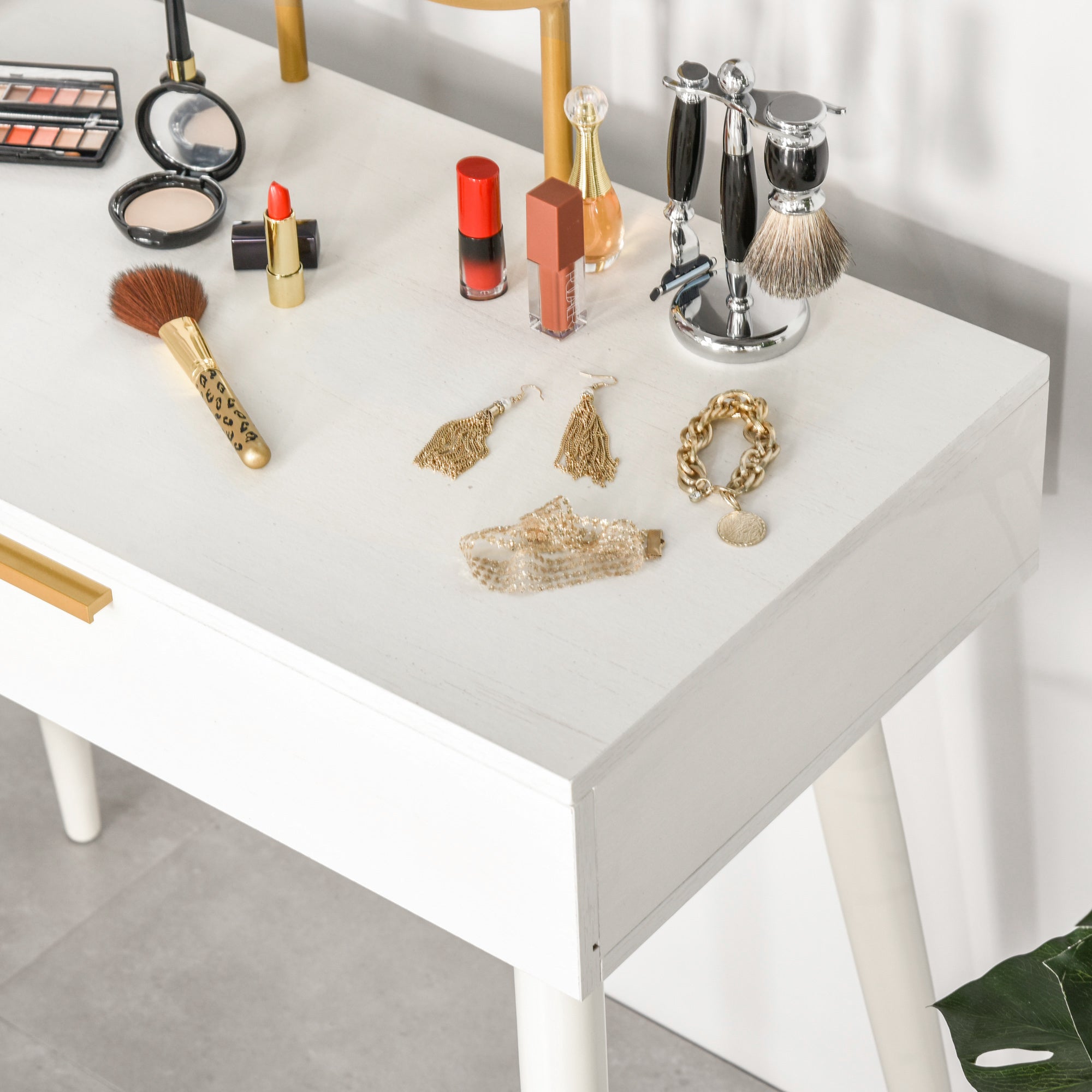 Kozy Elegant Dressing Table, with Round Mirror, 80 x 40 x 123 cm - White