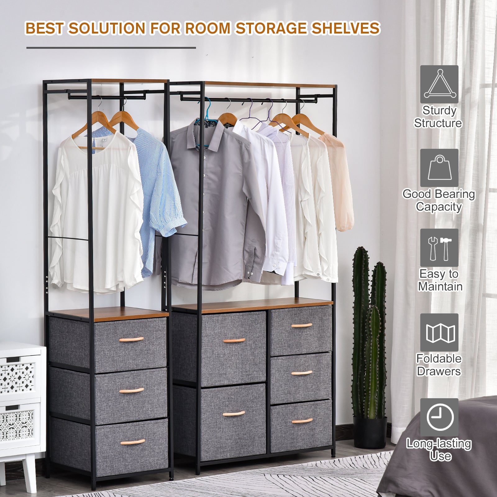Kozy Chest of Drawers with Coat rack Steel Frame 5 Drawers  Bedroom Hallway Home Furniture Black Brown