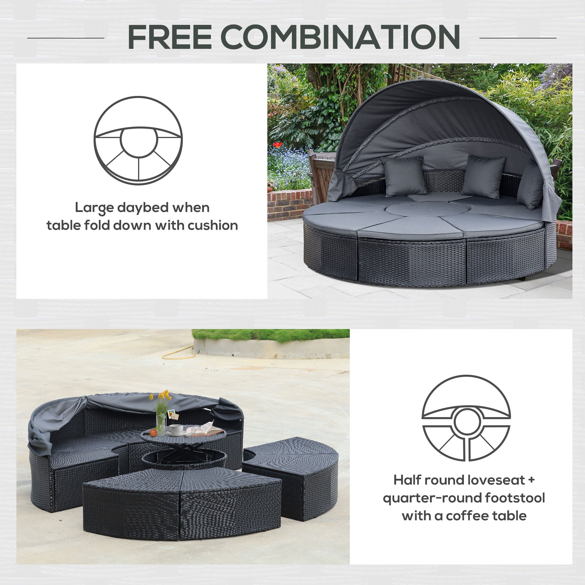 Kozy 4 Pieces PE Rattan Garden Daybed Set, Outdoor Wicker Cushioned Round Sofa Bed Conversation Furniture with Coffee Table & Canopy, Black