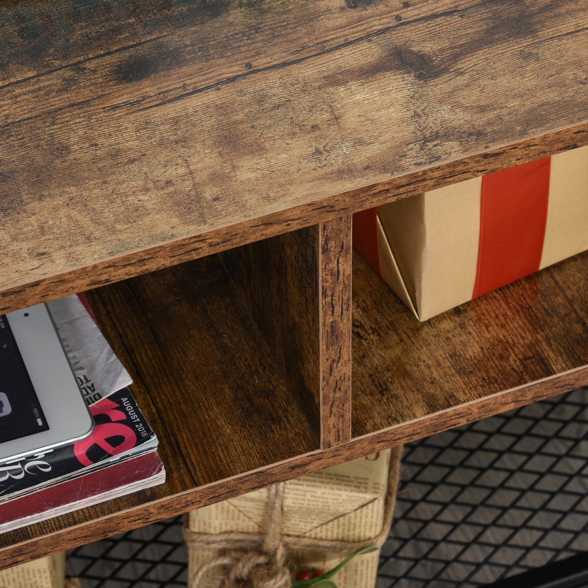 Kozy TV Stand Cabinet, Industrial TV Unit for TVs up to 45", 100cm TV Cabinet with 2 Open Compartments and Mesh Bottom Shelf for Living Room, Rustic Brown