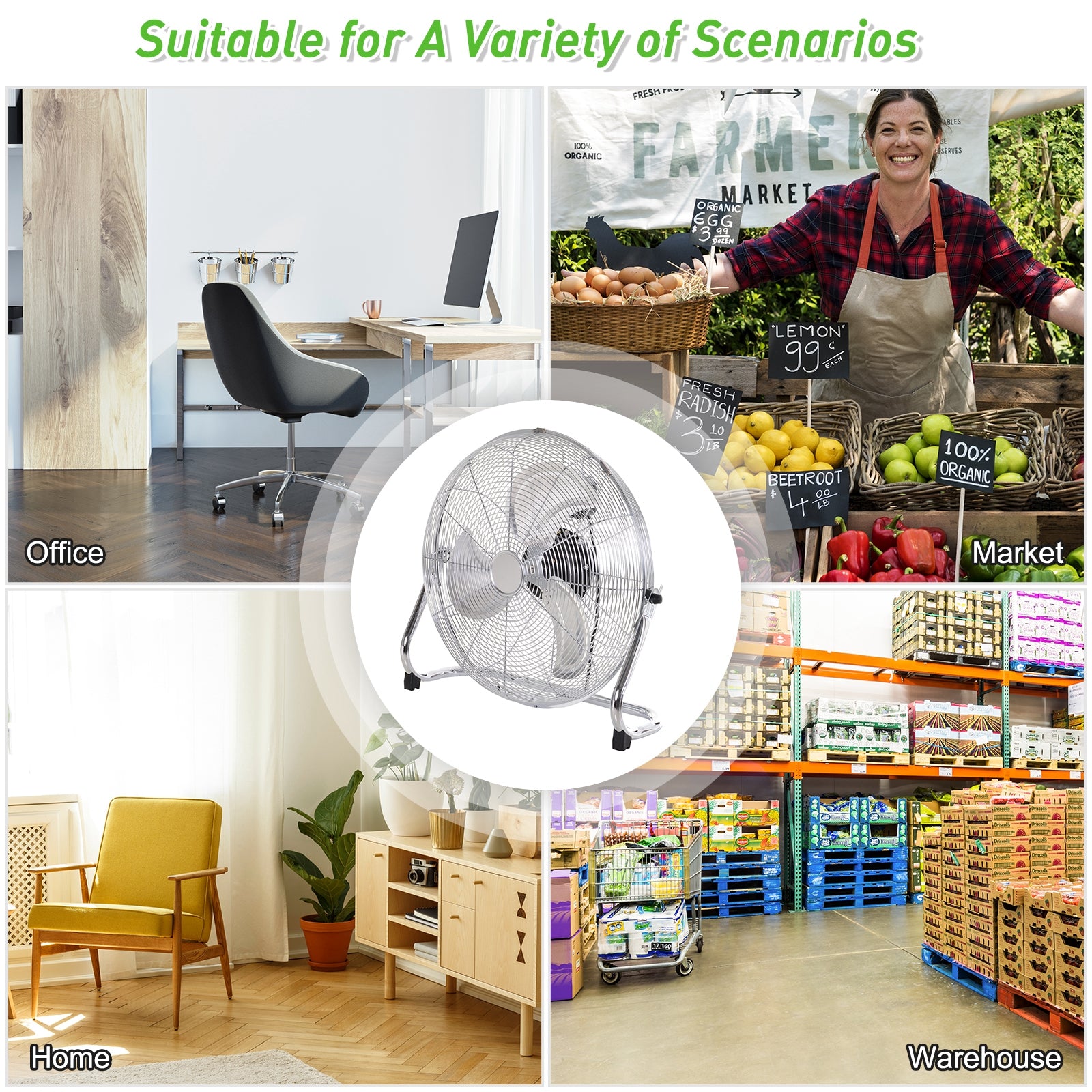 Kozy 20" Chrome Metal Floor Fan with Tilting, High Velocity, 3 Speed, Portable Gym Fan for Home Office, Silver