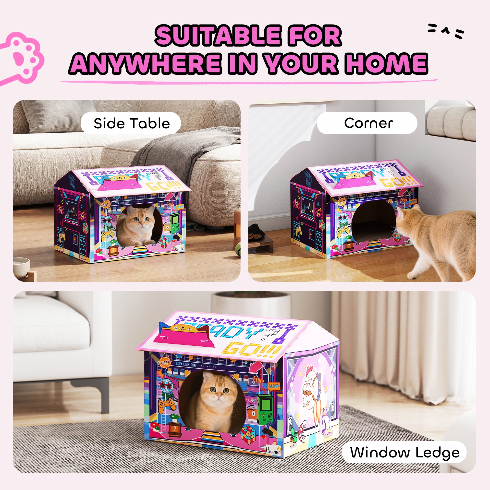 Kozy 2 in 1 Gaming Style Cardboard Cat House with Scratching Board & Catnip for Indoor Cats, Pink