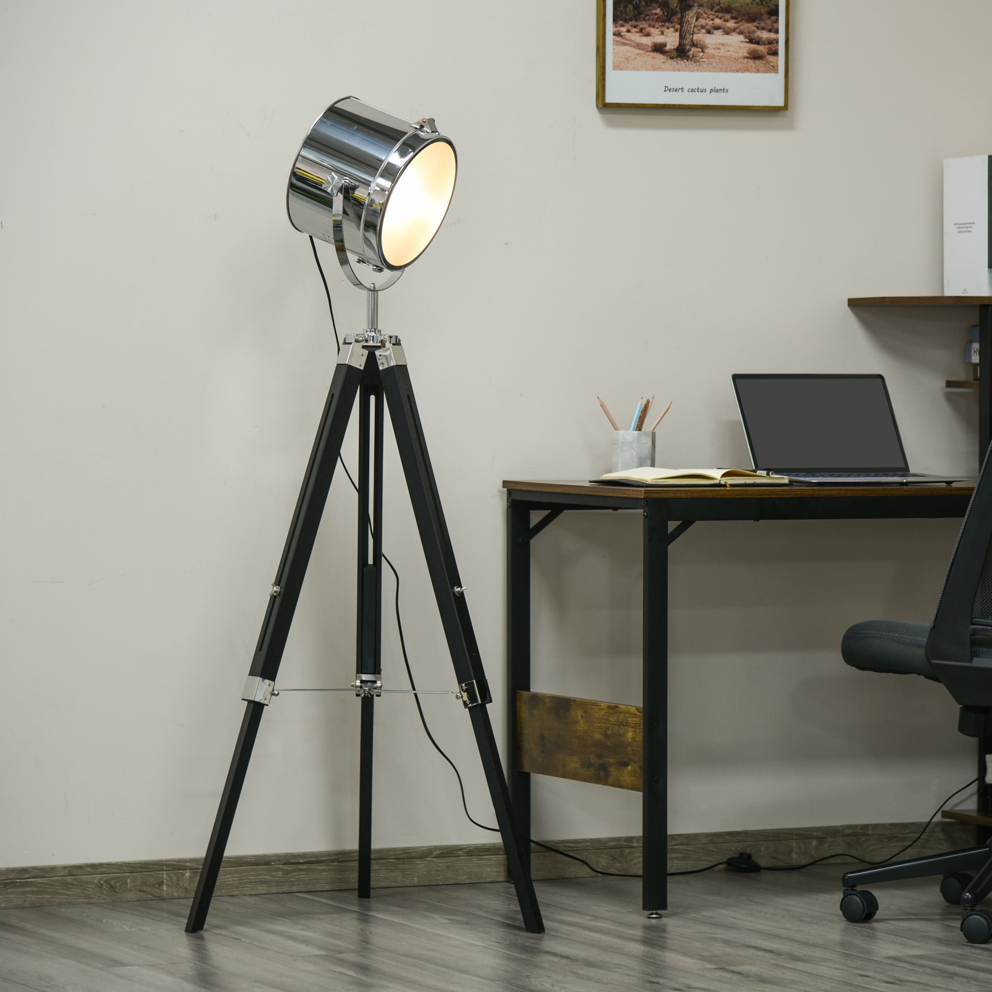 Kozy Industrial Style Adjustable Tripod Floor Lamp, Searchlight Lamp with Wooden Legs and Steel Lampshade, 110-155cm, Black