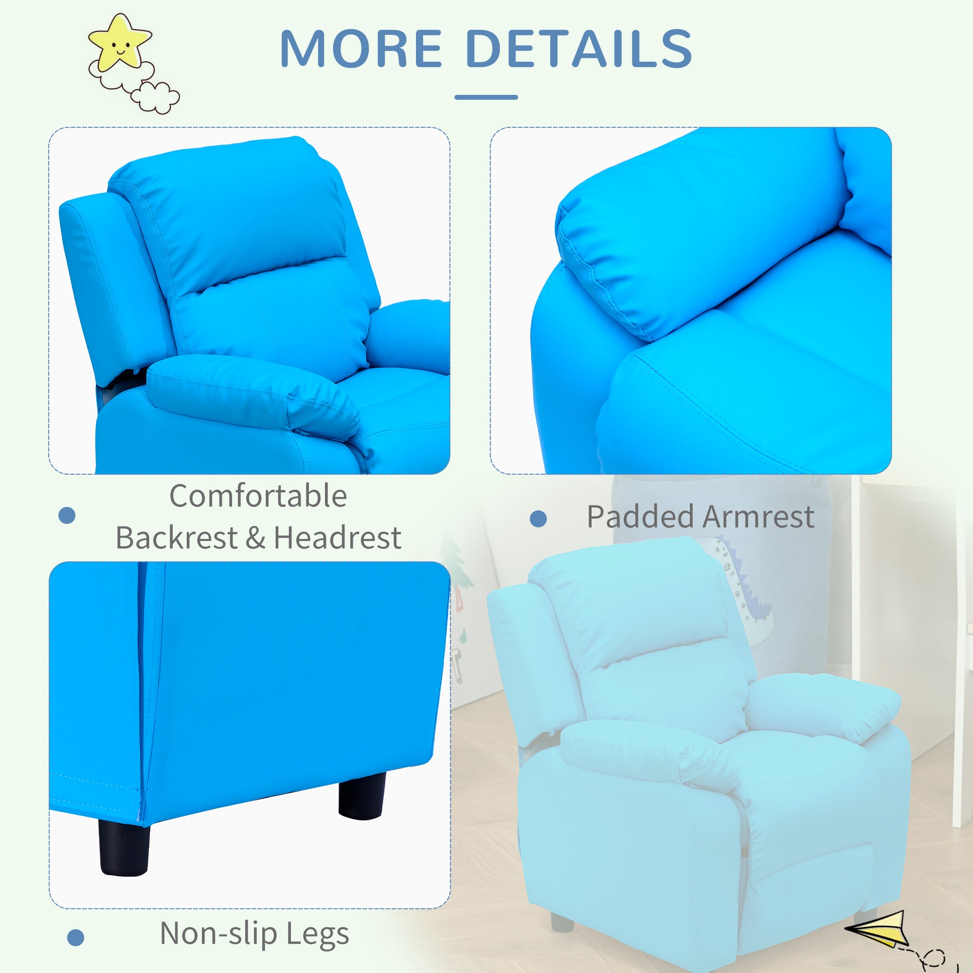 Kozy Kids Children Recliner Lounger Armchair Games Chair Sofa Seat PU Leather Look w/ Storage Space on Arms (Blue)
