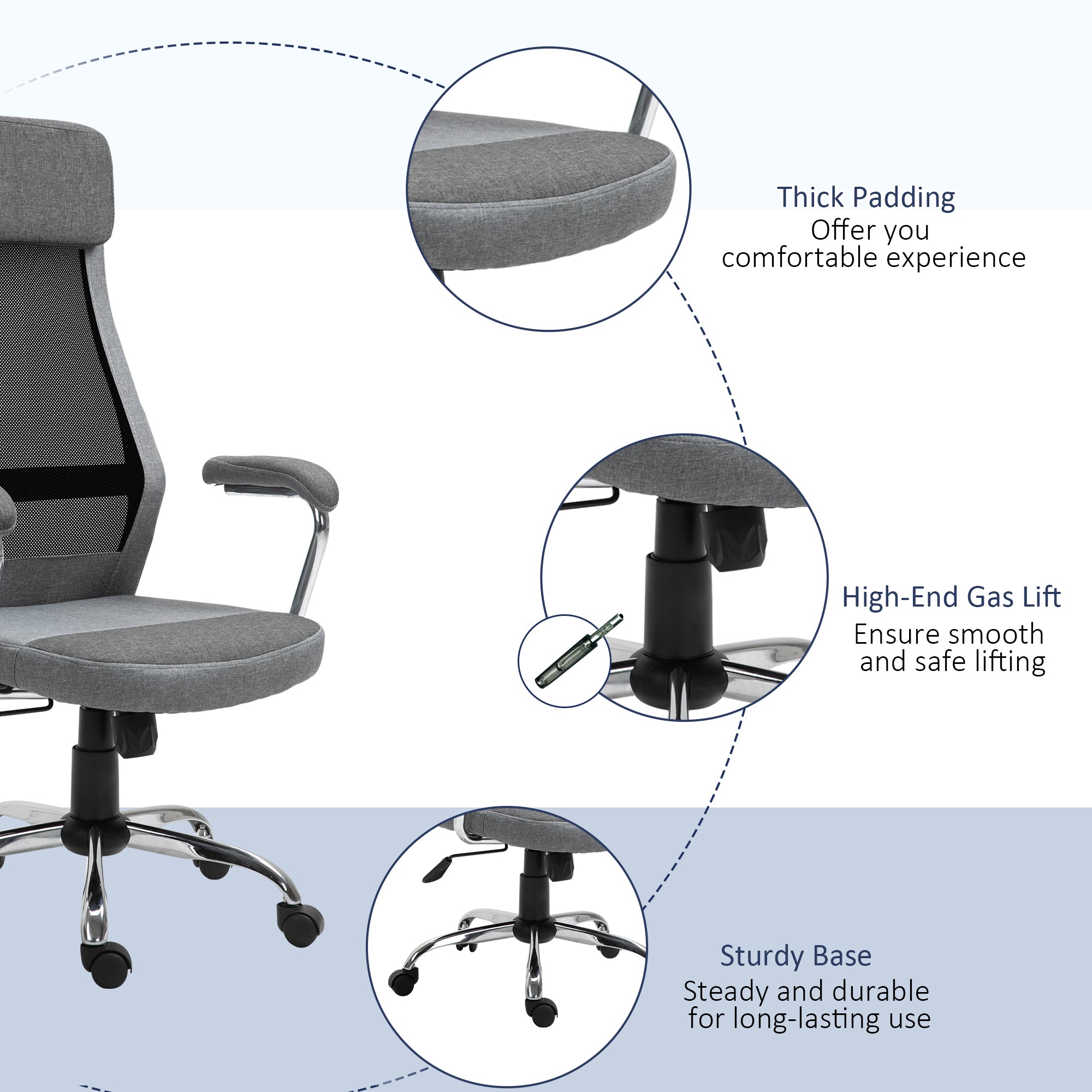 Kozy Office Chair, Ergonomic Desk Chair, High Back Computer Chair with Adjustable Height, Swivel Rolling Wheels, Mesh Back and Linen-Feel Fabric Seat for Home and Study, Grey