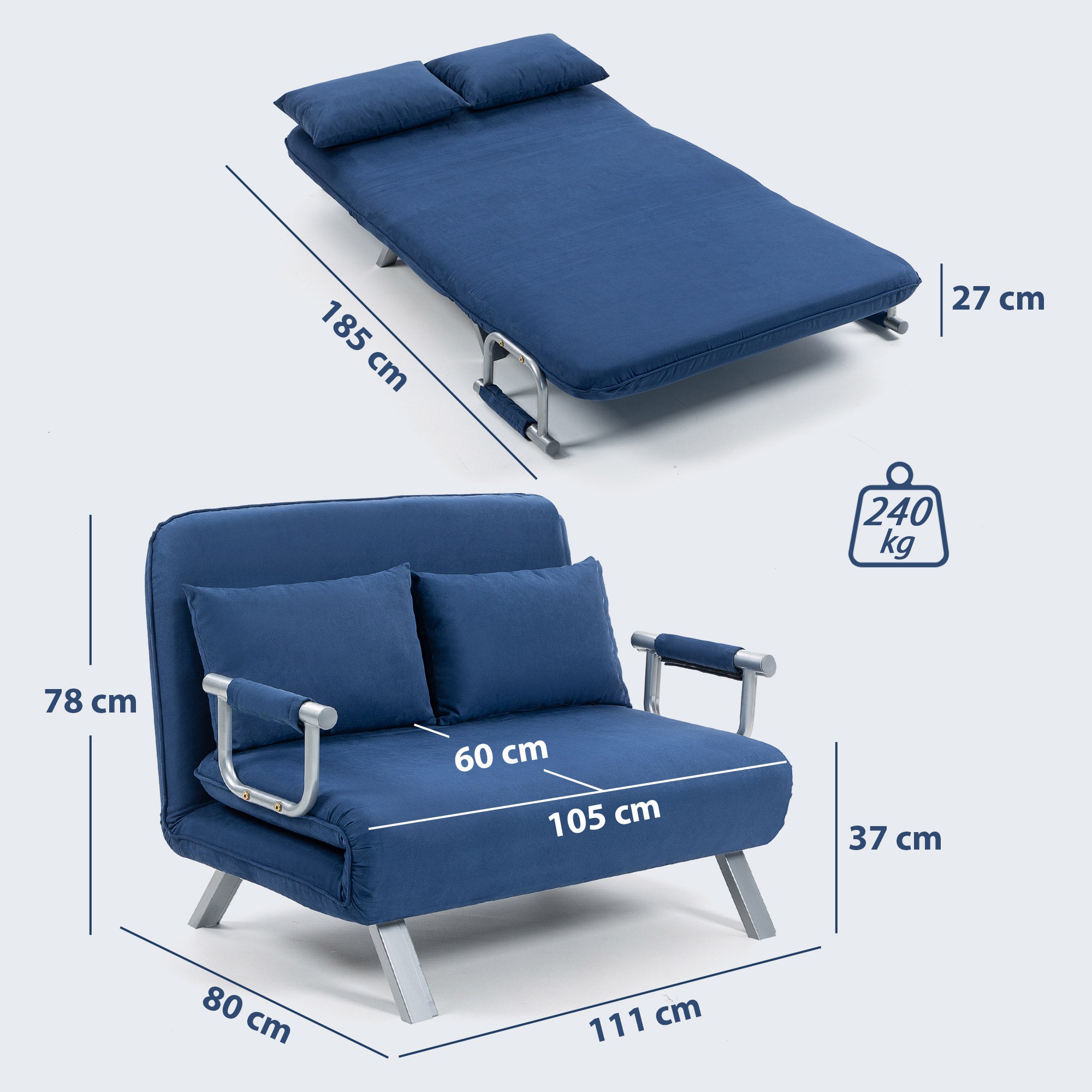 Kozy Two-Seater Click-Clack Sofa Bed - Dark Blue