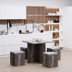 Kozy 5PC Dining Set Garden Patio Wooden Set 4 Storage Stools Footrest Ottoman with Cushions + 1 Table Space Saving Design Indoor Outdoor