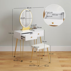 Kozy Dressing Table with LED Mirror and Cushioned Stool, Vanity Desk with Acrylic Lipstick Holder and 2 Drawers, Makeup Table for Bedroom, White