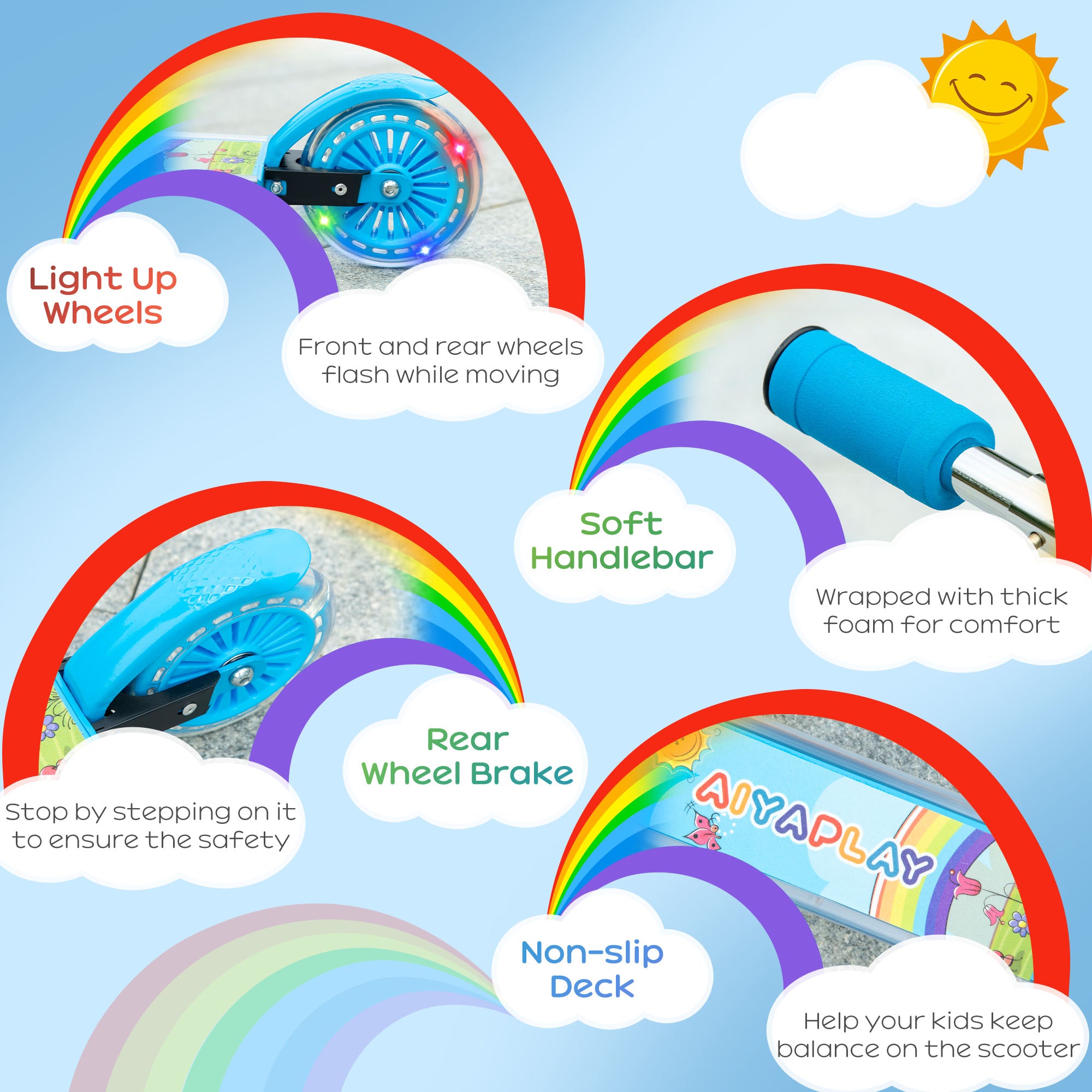 Kozy Kids Scooter, with Lights, Music, Adjustable Height, Foldable Frame, for Ages 3-7 Years - Blue