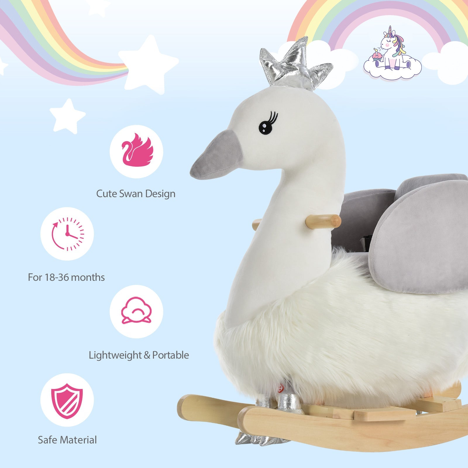 HOMCOM Kids Plush Ride-On Rocking Animal Horse Swan-shaped Toy Rocker with Realistic Sounds for Toddler 18-36 Months | Aosom UK