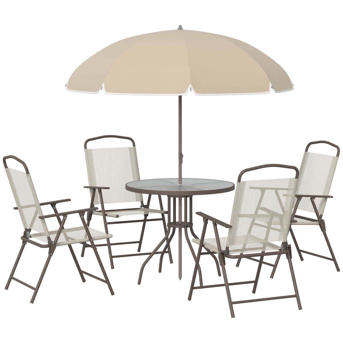 Kozy Garden Patio Texteline Folding Chairs Plus Table and Parasol Furniture Bistro Set 6 Pieces - Coffee/Cream
