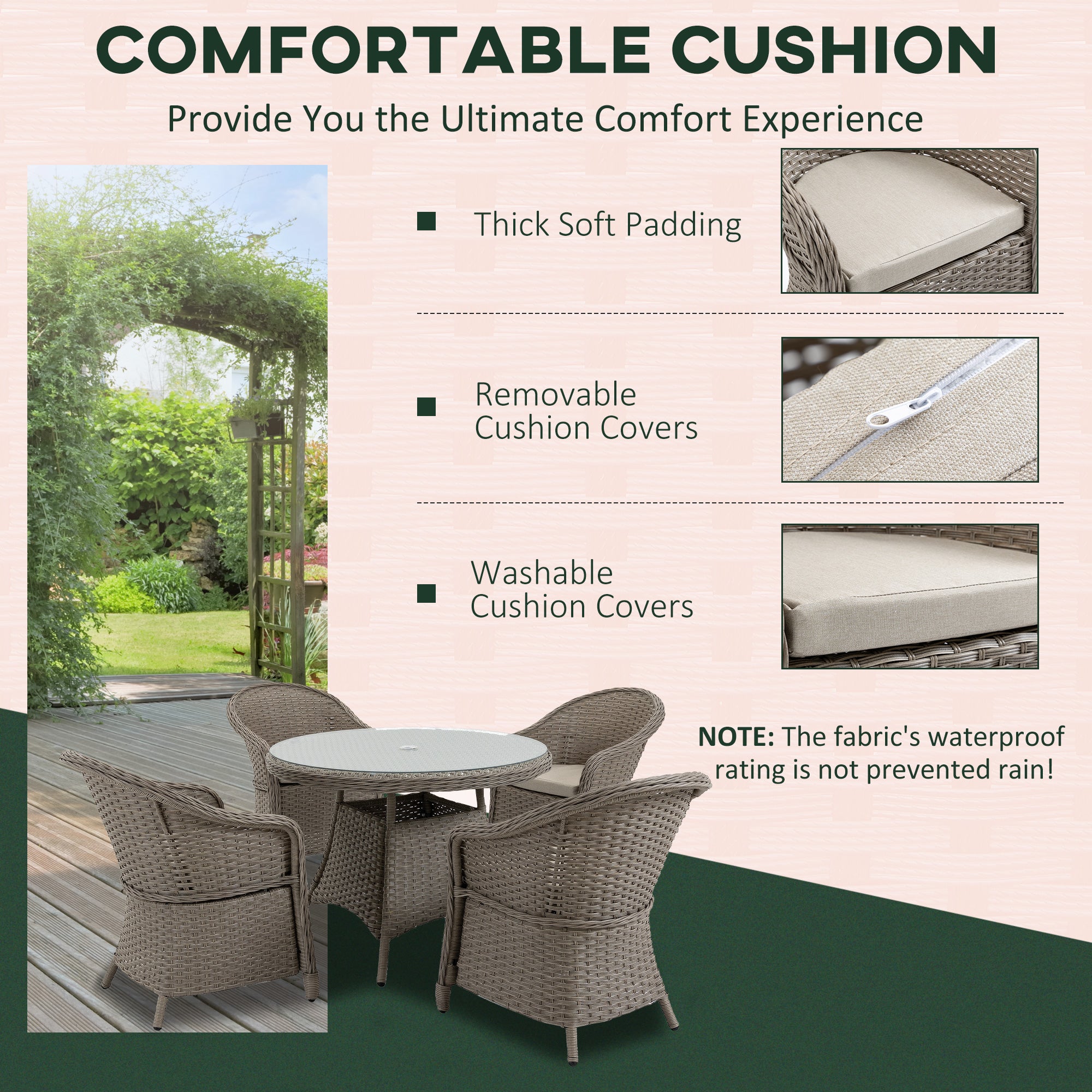 Kozy 4 Seater Rattan Garden Furniture Set with Cushions, Round PE Rattan Dining Set with Glass-Top Table, Umbrella Hole, Outdoor Garden Table and Chairs, Mixed Grey