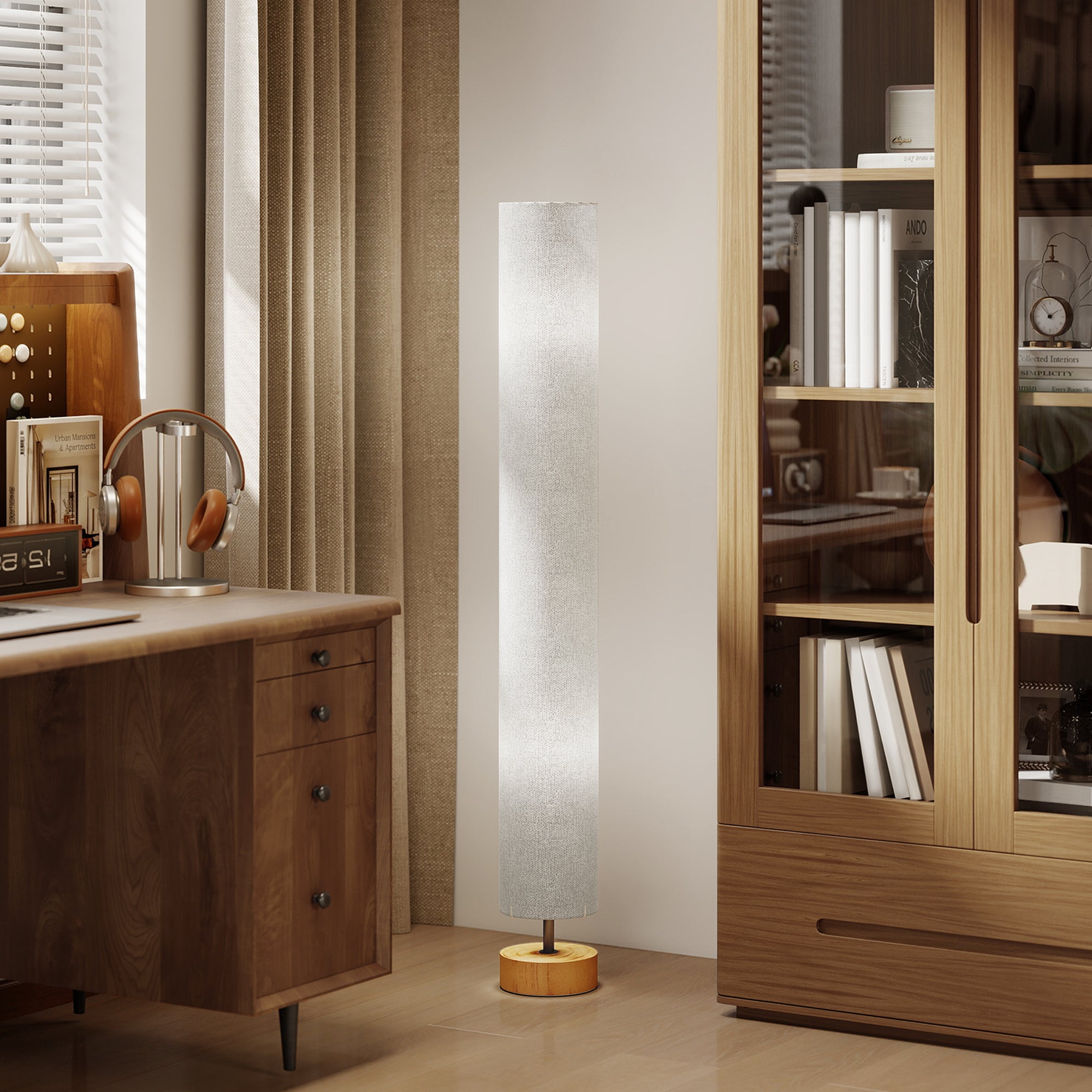 Kozy - LED Floor Lamp for Living Room, 120cm Modern Standing Lamp with 3000K/4500K/6500K Colour Temperatures, Linen Shade and Wooden Base, Grey