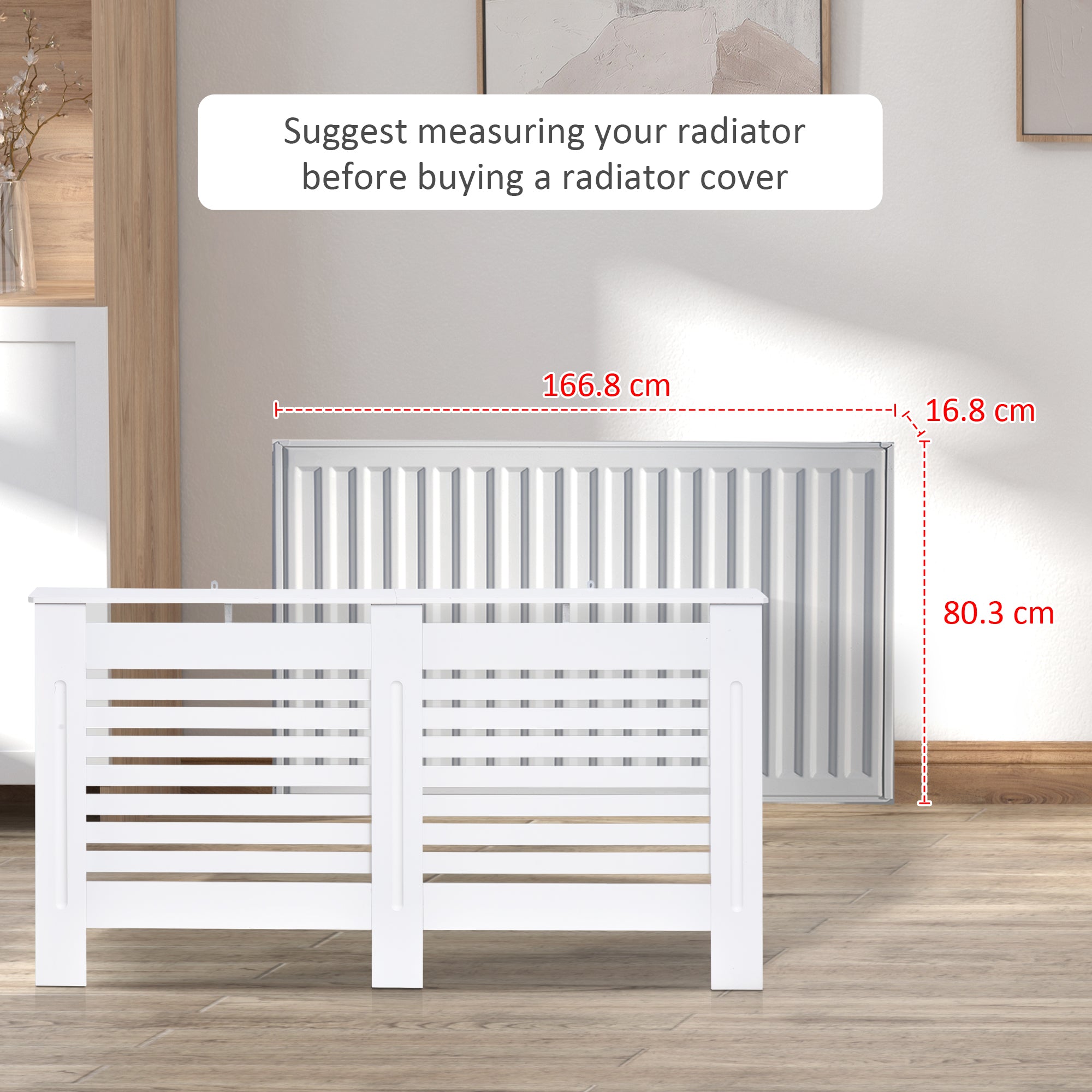 Kozy Radiator Cover, Modern MDF White Painted Cabinet with Horizontal Slats for Living Room, Bedroom, 172L x 19W x 81H cm
