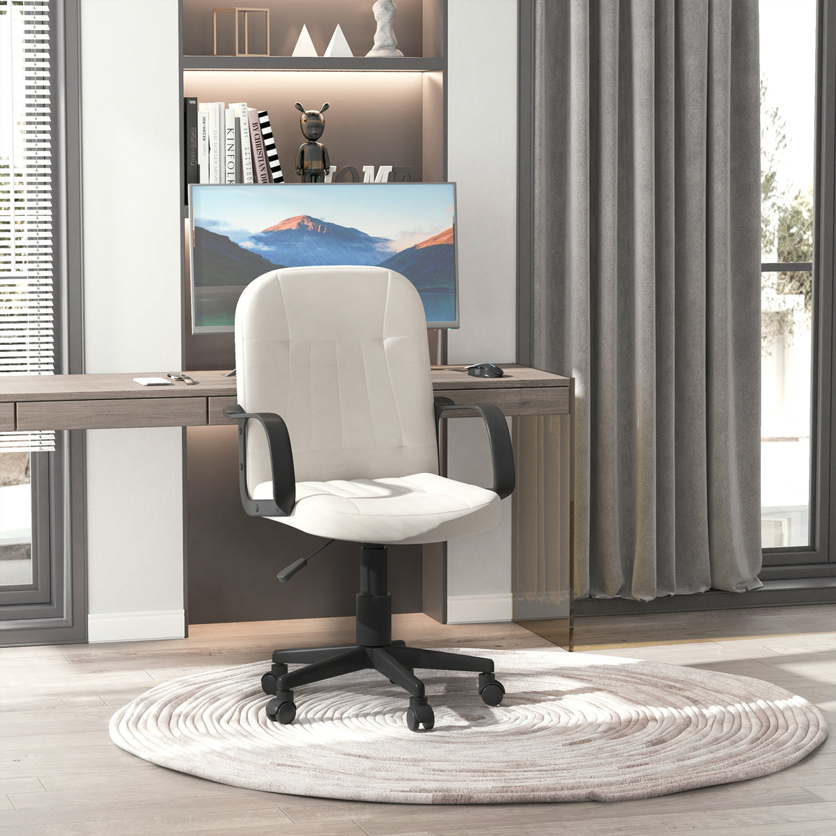 HOMCOM Swivel Executive Office Chair Home Office Mid Back PU Leather Computer Desk Chair for Adults with Arm, Wheels, Cream