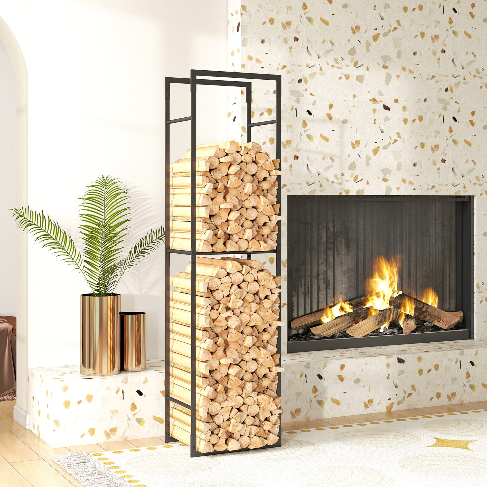 Kozy - Metal Firewood Log Holder, Heavy Duty Firewood Rack with Adjustable Shelf, Indoor Outdoor Fireplace Wood Storage Shelf, 45 x 31 x 170 cm, Black