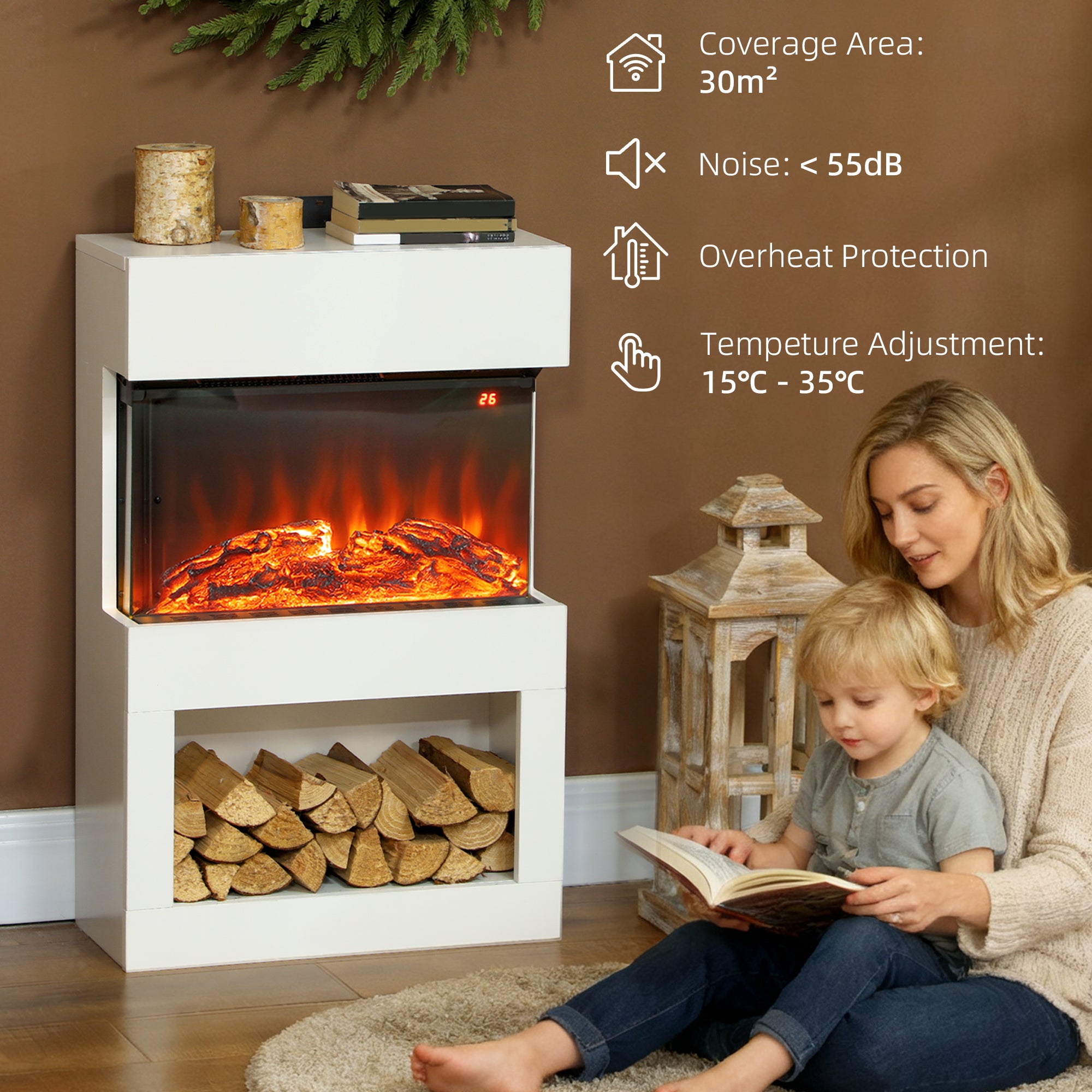 Kozy - Electric Fireplace with 3D Flame Effect, 6 Colours & 3 Brightness Levels, 1000W/2000W White Electric Fire and Mantel Reach up to 30㎡ Space with Remote & Timer, 3 Sided View for Living Room