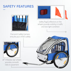 HOMCOM 2 Seat Bike Trailer Bicycle wagon for Kids Child Steel Frame Safety Harness Seat Carrier Blue White 130 x 76 x 88 cm