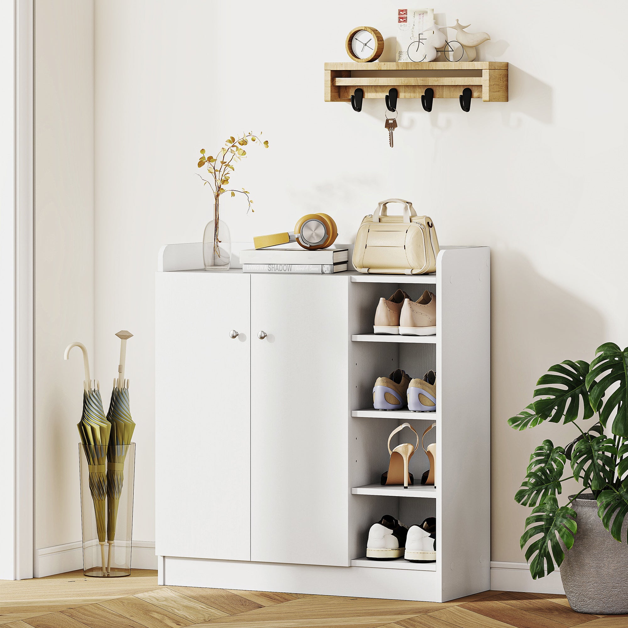 Kozy Shoe Storage Cabinet  Two Doors w/ Adjustable 4 Shelves Cupboard Footwear Rack Stand Organiser Hallway White