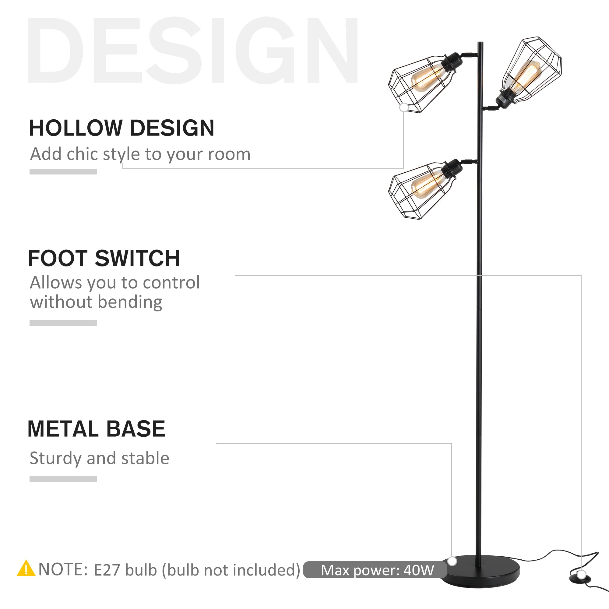 HOMCOM Retro Practical Tree Floor Lamp 3 Angle Adjustable Lampshade Steel Base for Living Room Bedroom Office Black 165cm