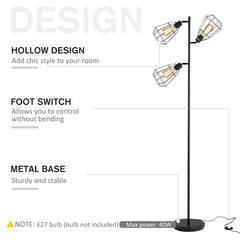 HOMCOM Retro Practical Tree Floor Lamp 3 Angle Adjustable Lampshade Steel Base for Living Room Bedroom Office Black 165cm