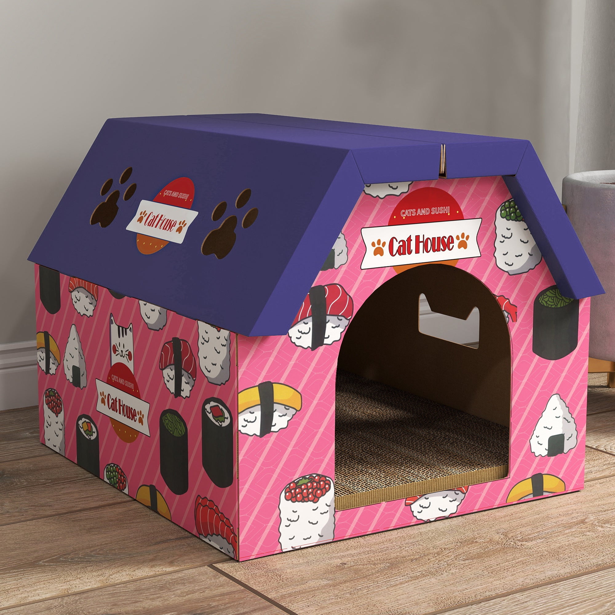 Kozy - Cat Scratching Board, 2-in-1 Cardboard Cat House and Hideaway for Indoor Cats, Pink