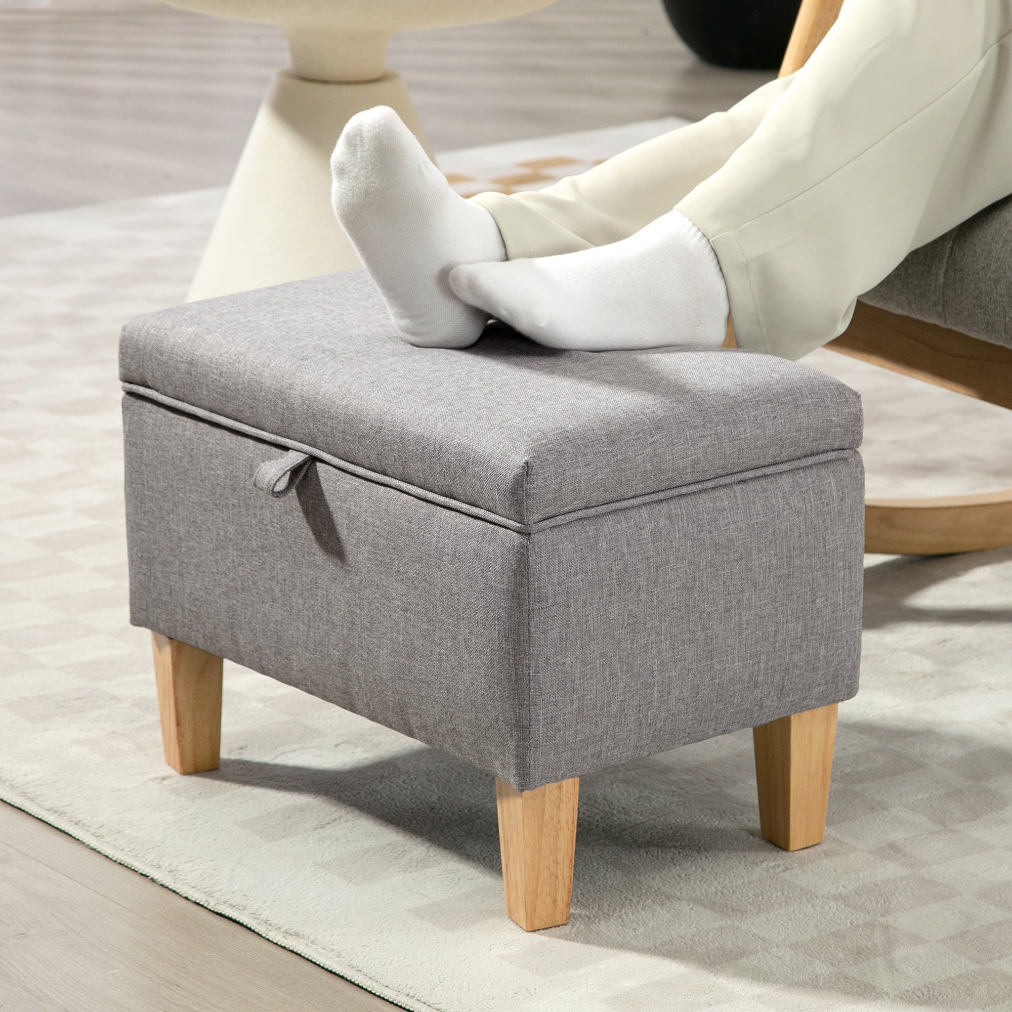 Kozy - 16L Linen Storage Ottoman Padded Footstool with Rubberwood Legs for Storage Box, Bed End, Shoe Bench, Seating, Light Grey