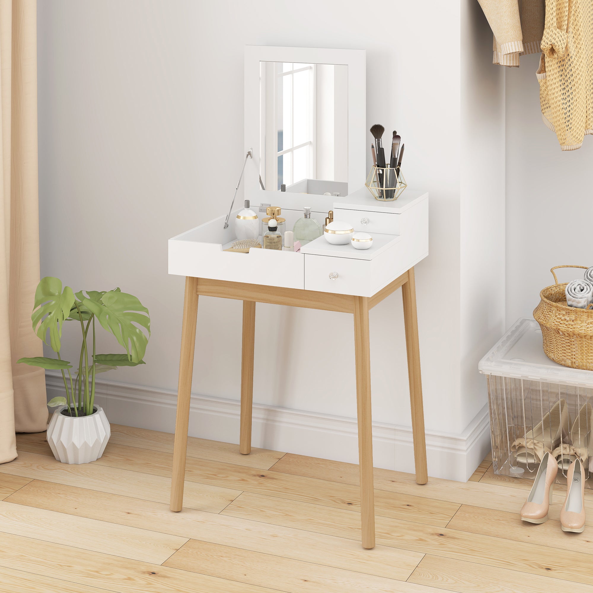 Kozy Dressing Table with Flip-up Mirror, Makeup Desk with 2 Drawers and Pine Wood Legs, Vanity Table Writing Desk for Bedroom Living Room, White