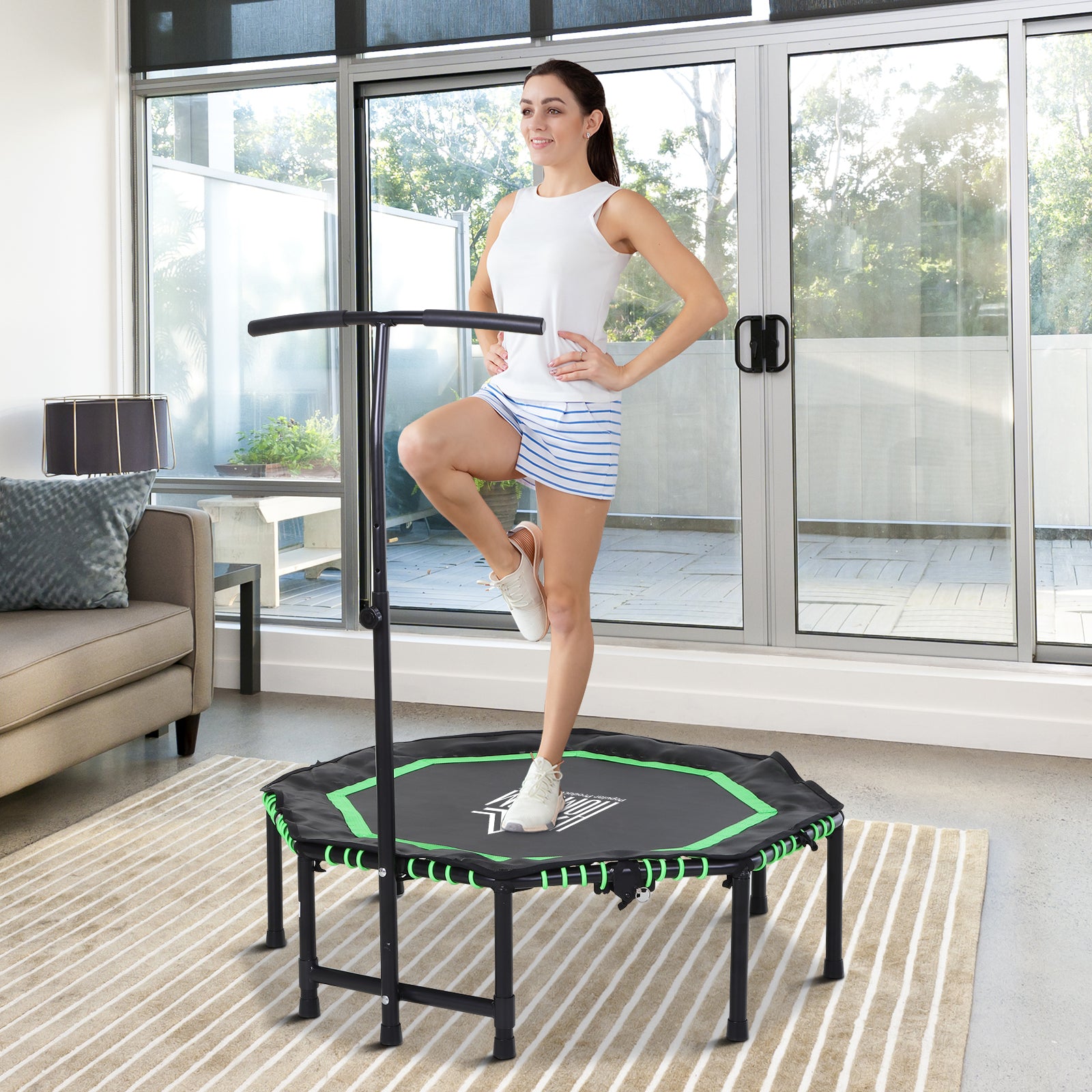 Kozy 48" Octagonal Mini Fitness Rebounder Trampoline Indoor Outdoor Foldable Mini Jumper with Adjustable Handle, Green