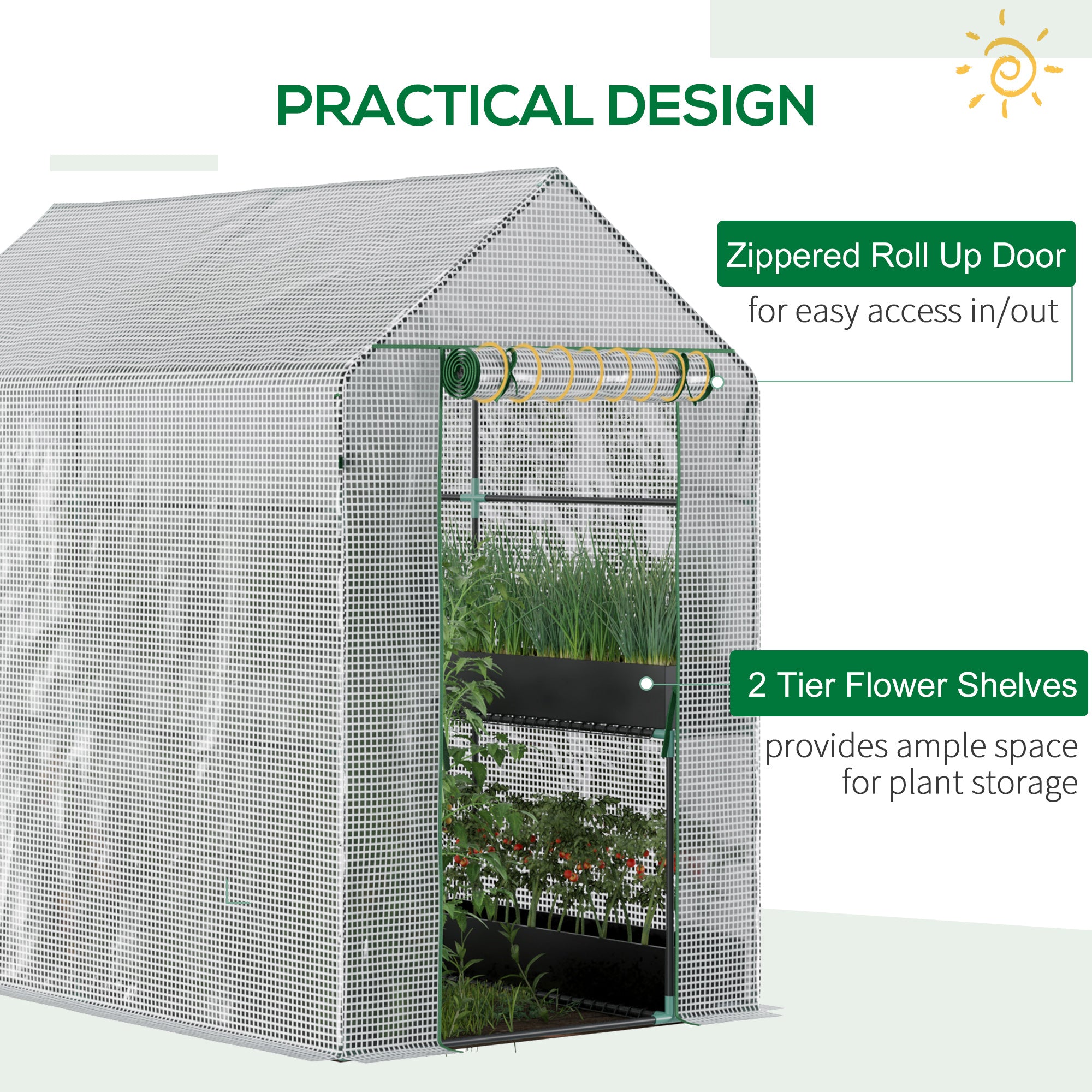 Kozy Walk In Greenhouse with 2-Tier Shelves, Roll up Zip Panel Door, Garden Polytunnel Steeple Grow House for Outdoor, 6 x 4 x 6ft White